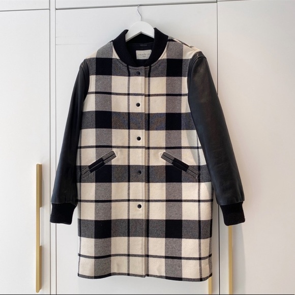 SANDRO Paris plaid wool coat with leather arms - Picture 7 of 15